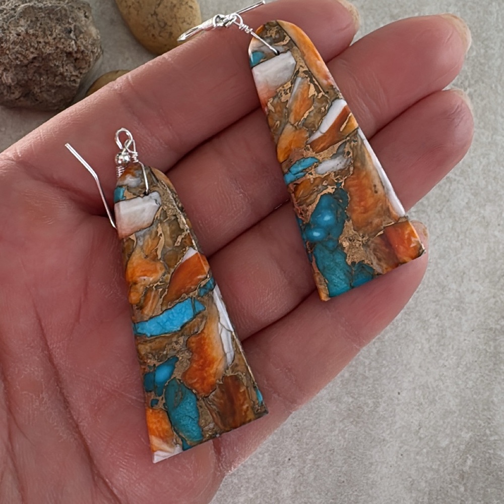 SPINY OYSTER   w/ inclusions SLABS DANGLE EARRINGS STERLING SILVER HOOK STYLE